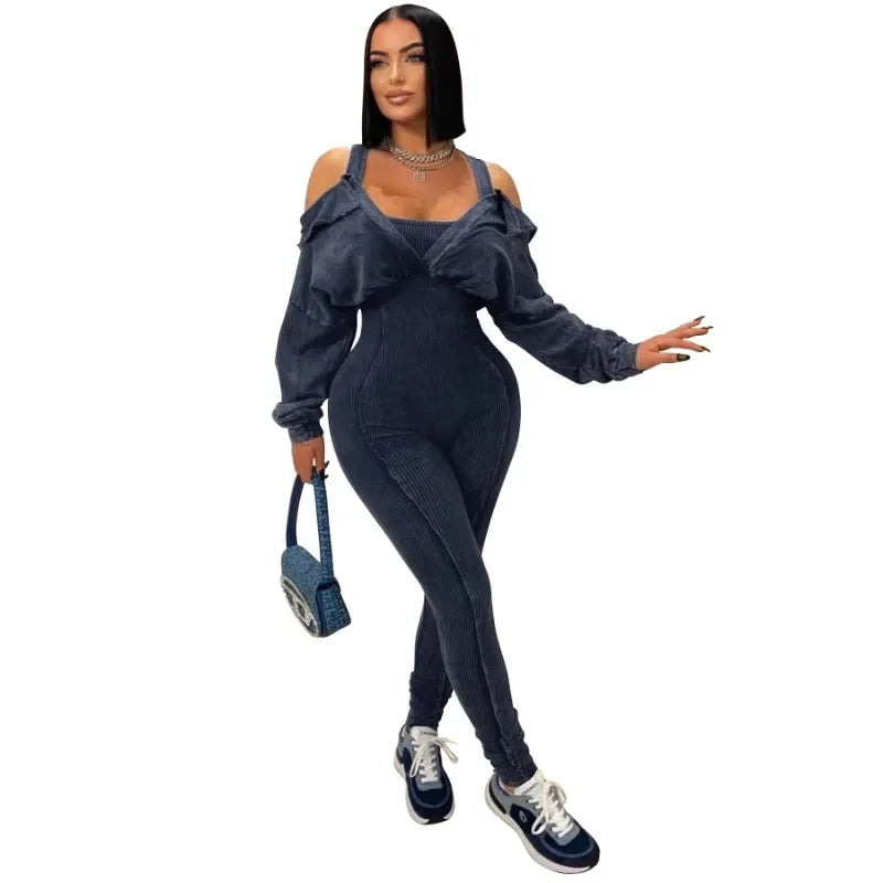 Women Knit Ribbed Skinny Jumpsuits Off Shoulder Full Sleeve Fake 2 Piece Empire Stretch Slim One Piece Overals Casual Rompers