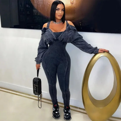 Women Knit Ribbed Skinny Jumpsuits Off Shoulder Full Sleeve Fake 2 Piece Empire Stretch Slim One Piece Overals Casual Rompers