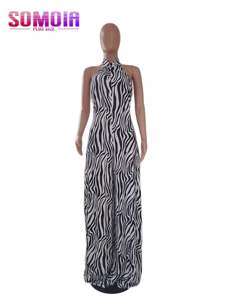 SOMOIA Plus Size Women Wide Leg Jumpsuit Zebra Print Outfits Sexy Backless Halter Jumpsuits Sleeveless Female Summer One Piece