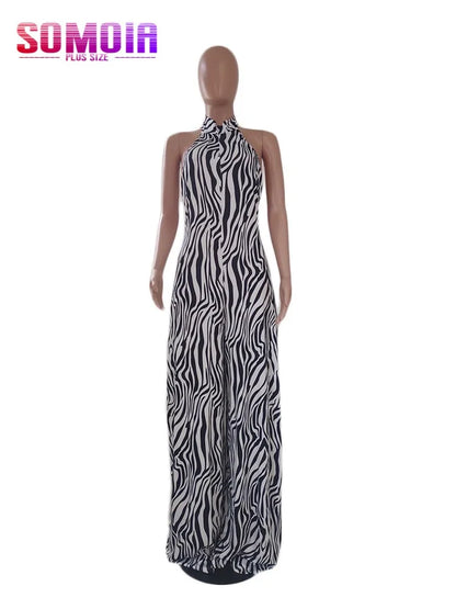 SOMOIA Plus Size Women Wide Leg Jumpsuit Zebra Print Outfits Sexy Backless Halter Jumpsuits Sleeveless Female Summer One Piece
