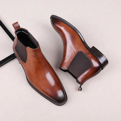 Designer Tan / Black Dress Shoes Mens Ankle Boots Genuine Leather Boots Male Business Shoes