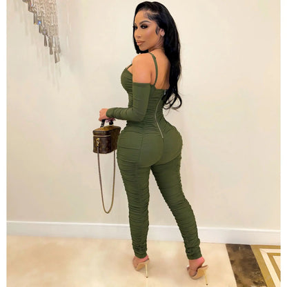 Women Long Sleeve Female Suspenders Jumpsuit 2024 Solid Color Pleated Jumpsuit Casual Bodycon Skinny Sports Fashion Streetwear