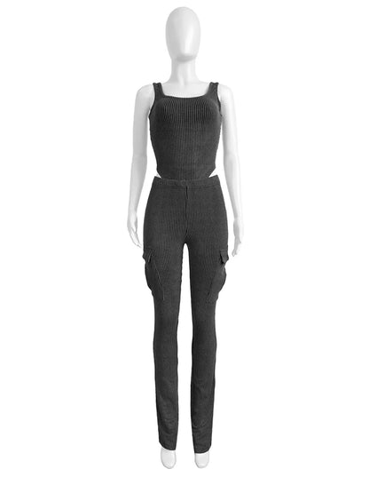 Casual 2 Two Piece Sets Women Sleeveless Bodycon Bodysuit Top+High Waist Pants Suits Fashion Green elastic Matching Outfits 2024