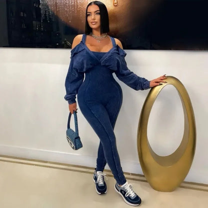 Women Knit Ribbed Skinny Jumpsuits Off Shoulder Full Sleeve Fake 2 Piece Empire Stretch Slim One Piece Overals Casual Rompers