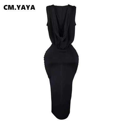 CM.YAYA Women Deep V-neck Sleeveless Ruched Mesh See Through Split Long Maxi Dress 2024 hooded Street Party Vestido Sexy Dresses