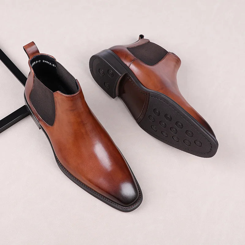 Designer Tan / Black Dress Shoes Mens Ankle Boots Genuine Leather Boots Male Business Shoes