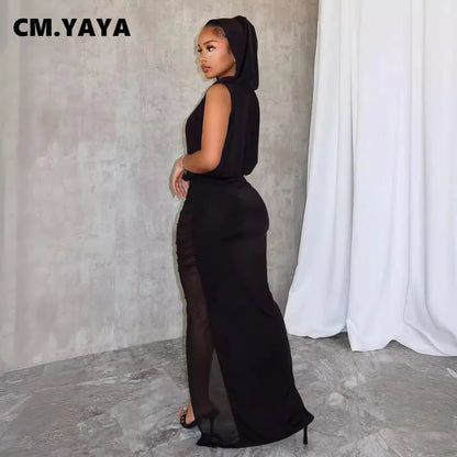 CM.YAYA Women Deep V-neck Sleeveless Ruched Mesh See Through Split Long Maxi Dress 2024 hooded Street Party Vestido Sexy Dresses