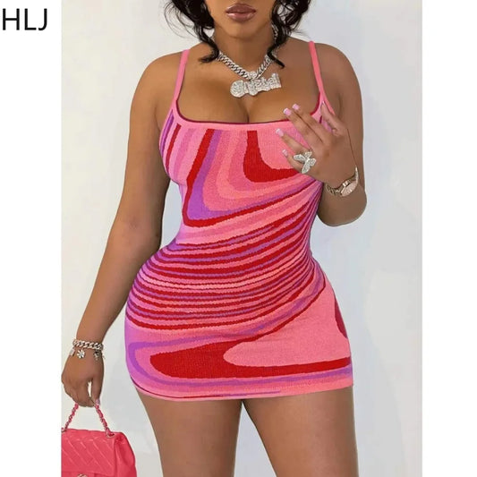 HLJ Sexy Y2K Stripe Print Bodycon Suspenders Dresses Women Thin Strap Sleeveless Slim Mini Dress Summer New Vestidos Clothing