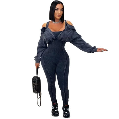 Women Knit Ribbed Skinny Jumpsuits Off Shoulder Full Sleeve Fake 2 Piece Empire Stretch Slim One Piece Overals Casual Rompers