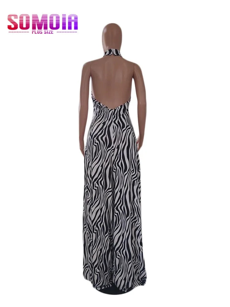 SOMOIA Plus Size Women Wide Leg Jumpsuit Zebra Print Outfits Sexy Backless Halter Jumpsuits Sleeveless Female Summer One Piece