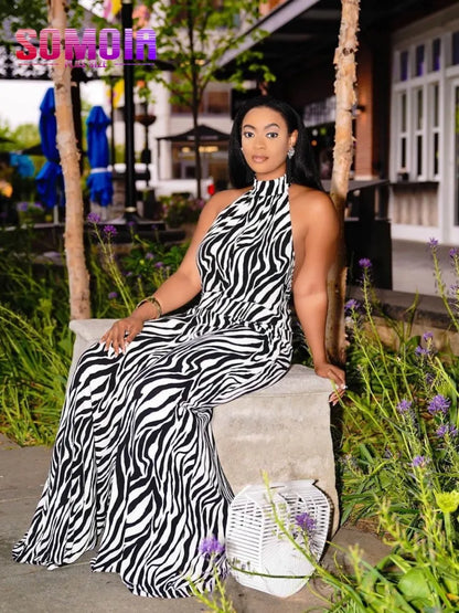 SOMOIA Plus Size Women Wide Leg Jumpsuit Zebra Print Outfits Sexy Backless Halter Jumpsuits Sleeveless Female Summer One Piece