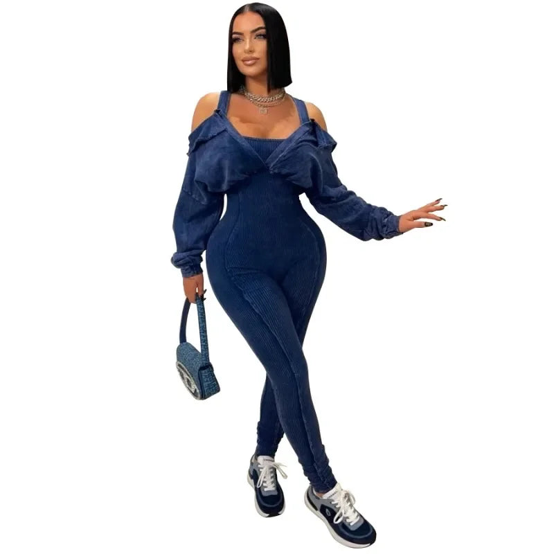 Women Knit Ribbed Skinny Jumpsuits Off Shoulder Full Sleeve Fake 2 Piece Empire Stretch Slim One Piece Overals Casual Rompers