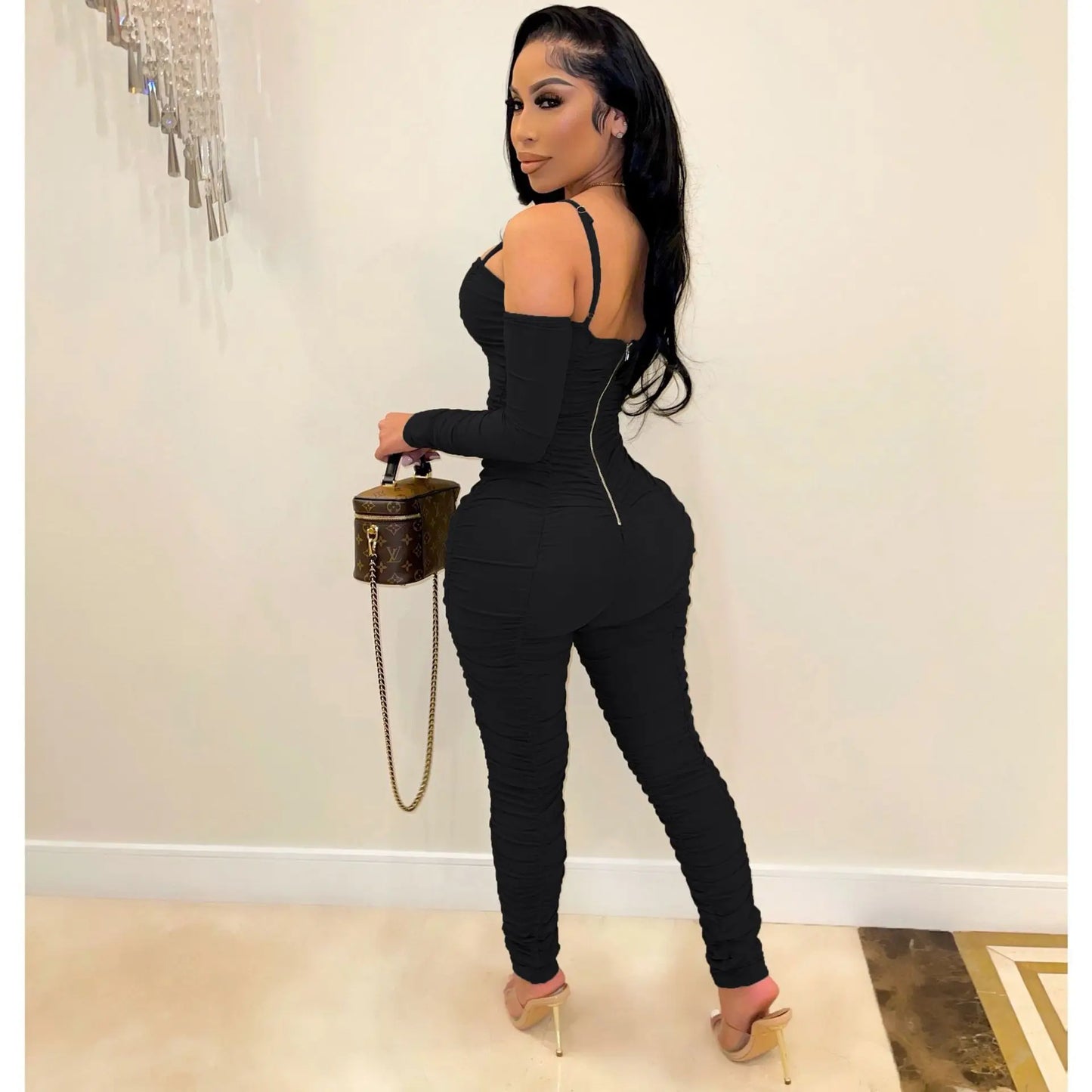 Women Long Sleeve Female Suspenders Jumpsuit 2024 Solid Color Pleated Jumpsuit Casual Bodycon Skinny Sports Fashion Streetwear