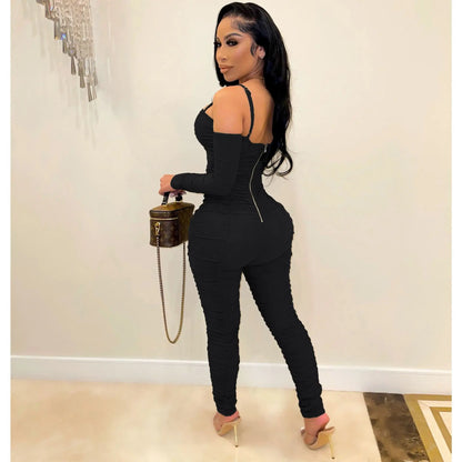 Women Long Sleeve Female Suspenders Jumpsuit 2024 Solid Color Pleated Jumpsuit Casual Bodycon Skinny Sports Fashion Streetwear