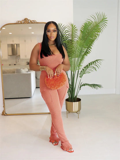 Casual 2 Two Piece Sets Women Sleeveless Bodycon Bodysuit Top+High Waist Pants Suits Fashion Green elastic Matching Outfits 2024