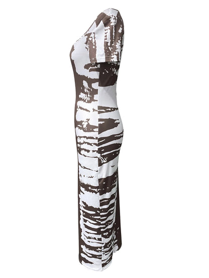 LW BASICS Square Neck Tie Dye Bodycon Dress Women Spring Summer Casual Color Contrast Short Sleeve Ankle Length Maxi Dresses