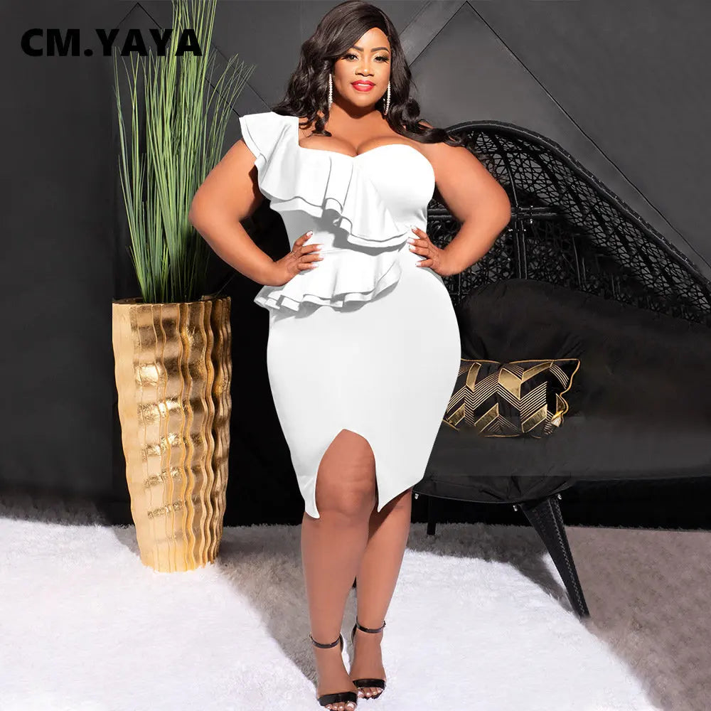 CM.YAYA Plus Size Women Ruffles Shoulder Sleeveless Bodycon Midi Dress 2023 Fashion INS Curve Sexy Party Club Dresses Vestidos