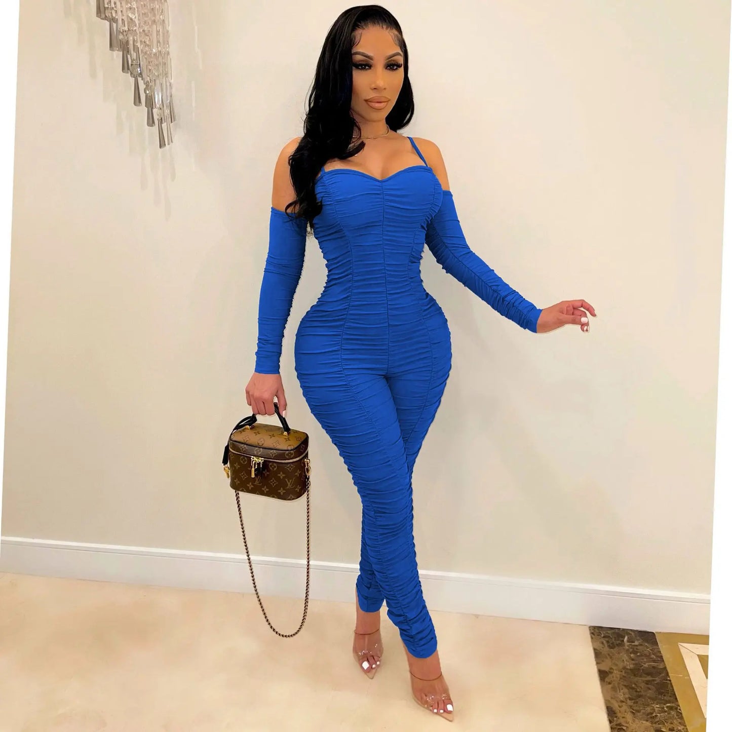 Women Long Sleeve Female Suspenders Jumpsuit 2024 Solid Color Pleated Jumpsuit Casual Bodycon Skinny Sports Fashion Streetwear