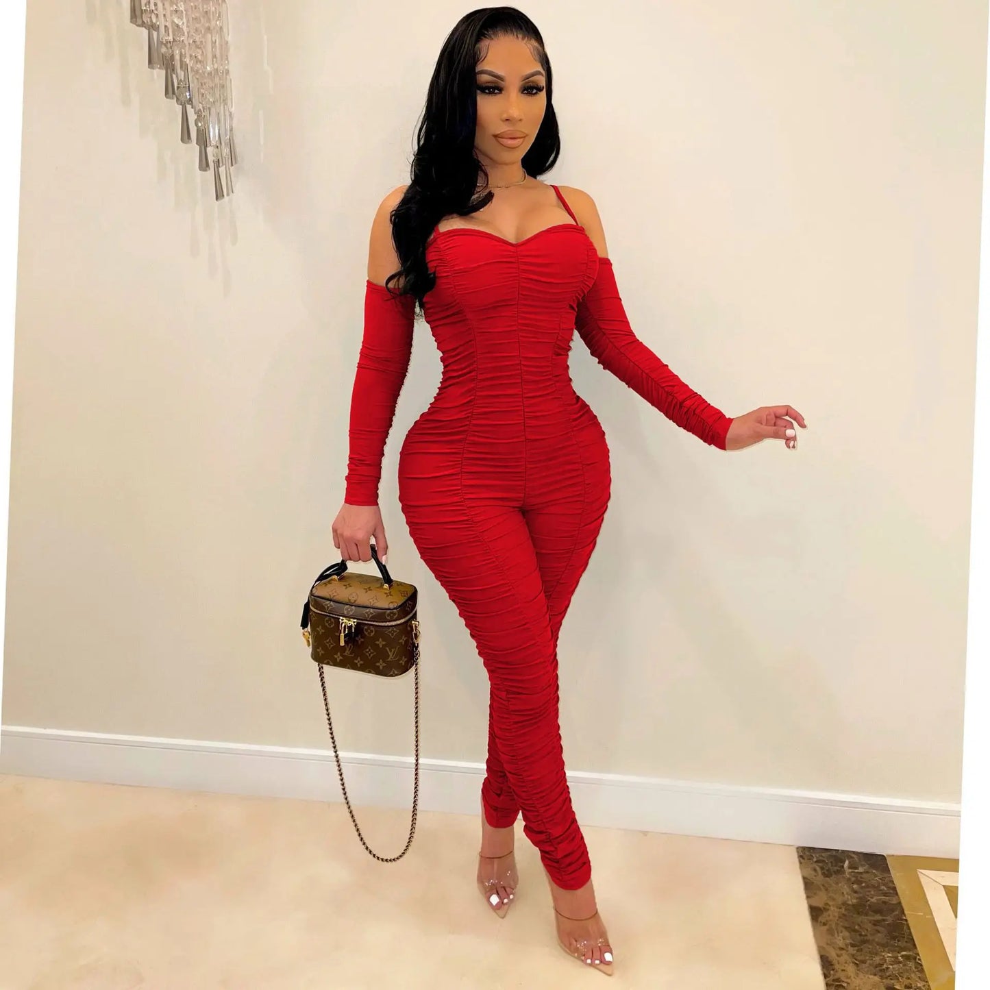 Women Long Sleeve Female Suspenders Jumpsuit 2024 Solid Color Pleated Jumpsuit Casual Bodycon Skinny Sports Fashion Streetwear