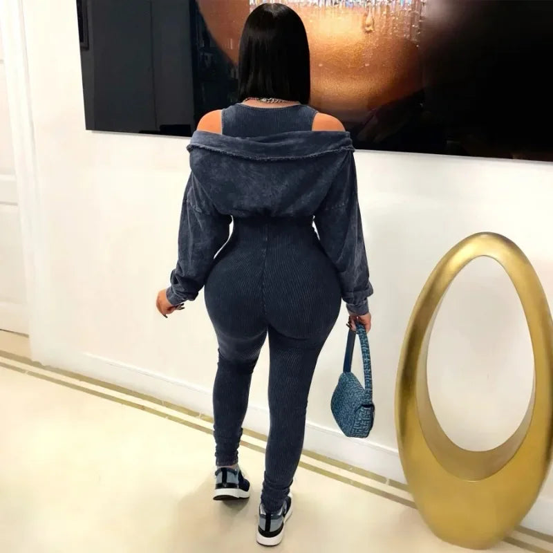 Women Knit Ribbed Skinny Jumpsuits Off Shoulder Full Sleeve Fake 2 Piece Empire Stretch Slim One Piece Overals Casual Rompers