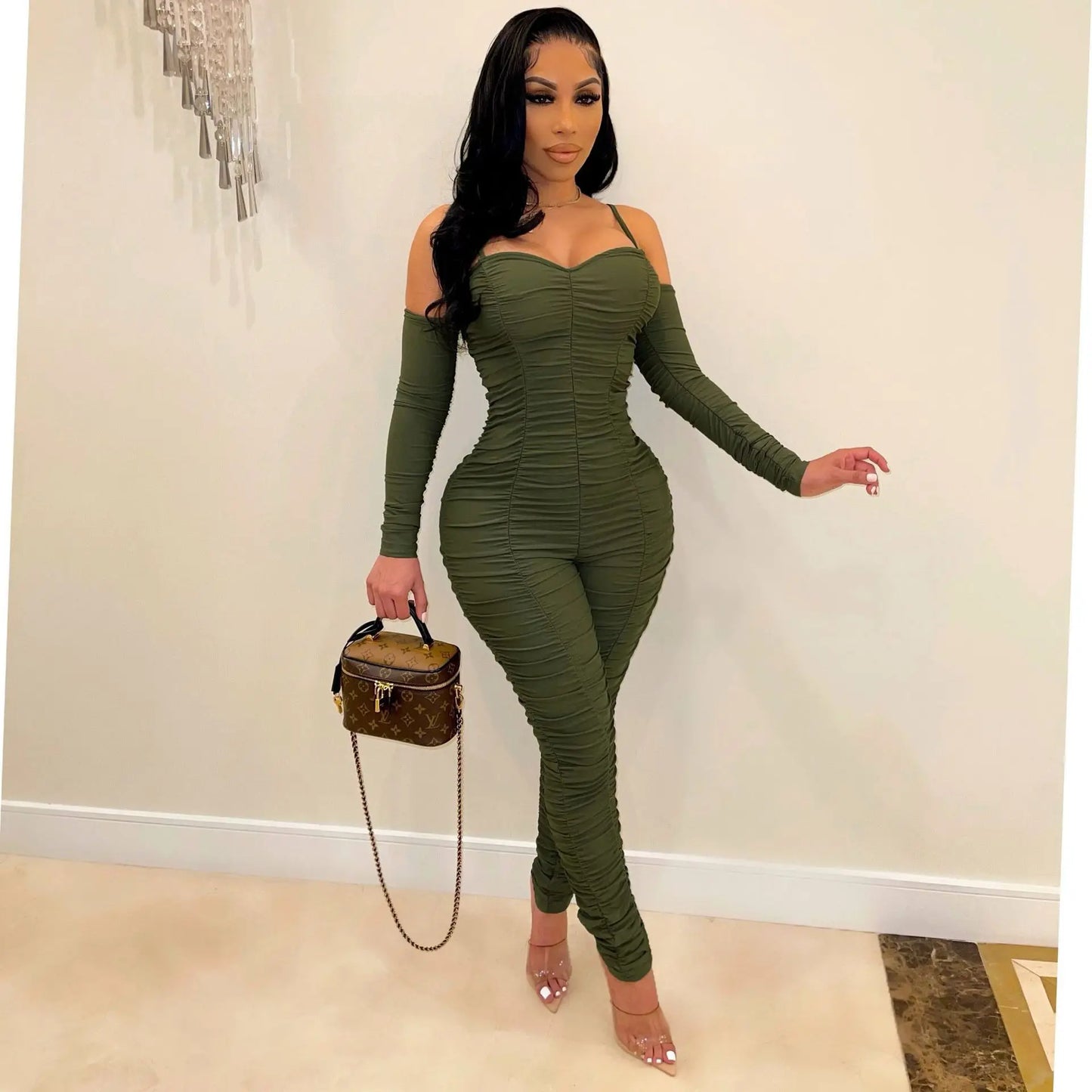 Women Long Sleeve Female Suspenders Jumpsuit 2024 Solid Color Pleated Jumpsuit Casual Bodycon Skinny Sports Fashion Streetwear