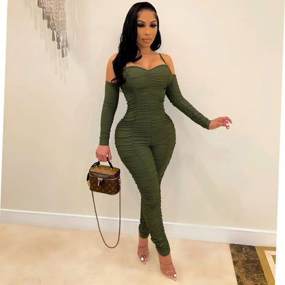Women Long Sleeve Female Suspenders Jumpsuit 2024 Solid Color Pleated Jumpsuit Casual Bodycon Skinny Sports Fashion Streetwear