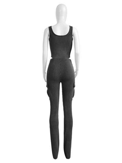 Casual 2 Two Piece Sets Women Sleeveless Bodycon Bodysuit Top+High Waist Pants Suits Fashion Green elastic Matching Outfits 2024