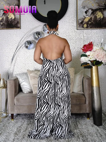 SOMOIA Plus Size Women Wide Leg Jumpsuit Zebra Print Outfits Sexy Backless Halter Jumpsuits Sleeveless Female Summer One Piece
