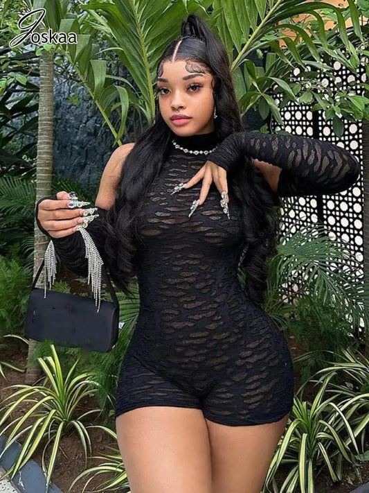 Joskaa Sexy Mesh See Through Black Playsuits Women Stunning Off Shoulder Long Sleeve Skinny One Piece Overalls 2024 Clubwear