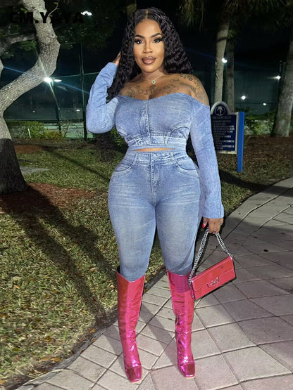 CM.YAYA Printed Women's Set Off Shoulder Tee Tops and Legging Pants Suit 2023 INS Fitness Two 2 Piece Set Outfit Tracksuits
