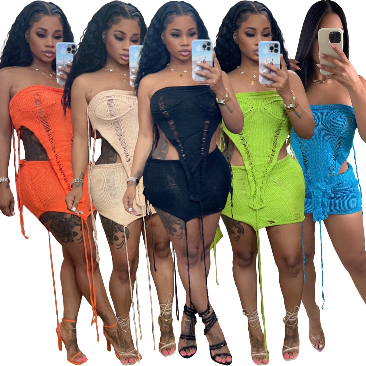 Casual Women Skirt Two Piece Set Beach Tank Top + Mini Dress Drawstring Streetwear Matching Set Clothes For Women Outfit