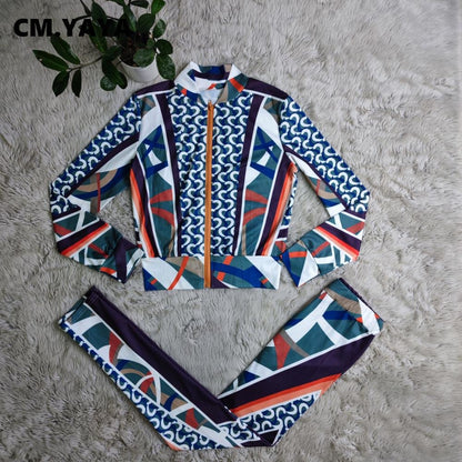 CM.YAYA Fashion 3D Printed Women Two 2 Piece Set Outfits Vintage Track Jacket and Legging Pants Suit INS Tracksuit Sweatsuit