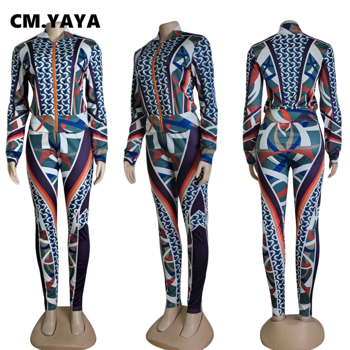 CM.YAYA Fashion 3D Printed Women Two 2 Piece Set Outfits Vintage Track Jacket and Legging Pants Suit INS Tracksuit Sweatsuit