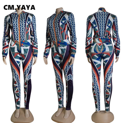 CM.YAYA Fashion 3D Printed Women Two 2 Piece Set Outfits Vintage Track Jacket and Legging Pants Suit INS Tracksuit Sweatsuit