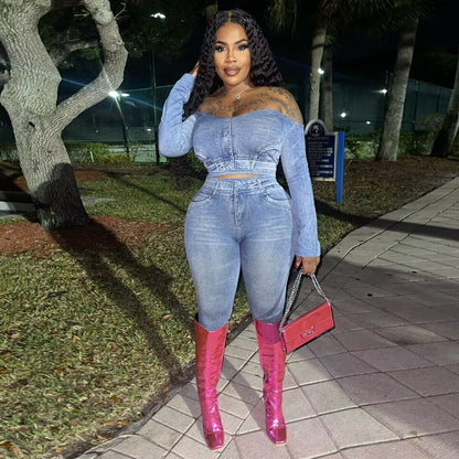 CM.YAYA Printed Women's Set Off Shoulder Tee Tops and Legging Pants Suit 2023 INS Fitness Two 2 Piece Set Outfit Tracksuits