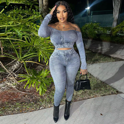 CM.YAYA Printed Women's Set Off Shoulder Tee Tops and Legging Pants Suit 2023 INS Fitness Two 2 Piece Set Outfit Tracksuits