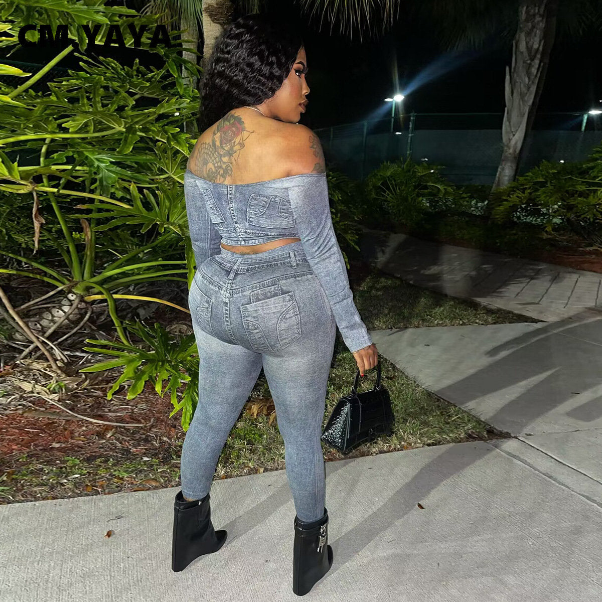 CM.YAYA Printed Women's Set Off Shoulder Tee Tops and Legging Pants Suit 2023 INS Fitness Two 2 Piece Set Outfit Tracksuits