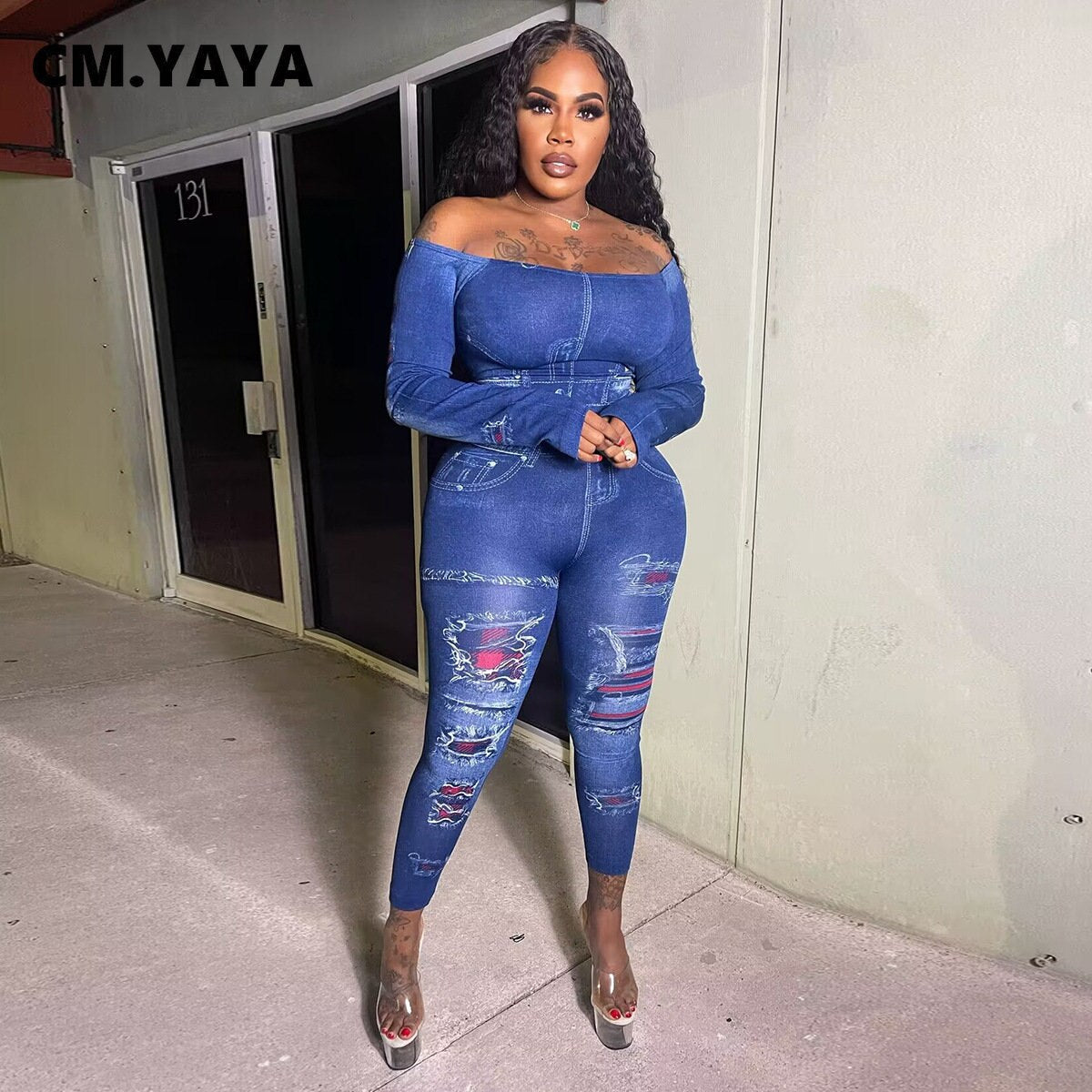 CM.YAYA Printed Women's Set Off Shoulder Tee Tops and Legging Pants Suit 2023 INS Fitness Two 2 Piece Set Outfit Tracksuits