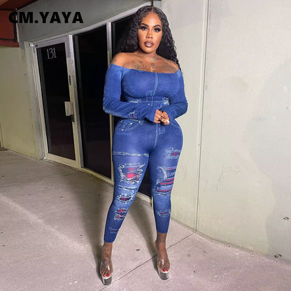 CM.YAYA Printed Women's Set Off Shoulder Tee Tops and Legging Pants Suit 2023 INS Fitness Two 2 Piece Set Outfit Tracksuits