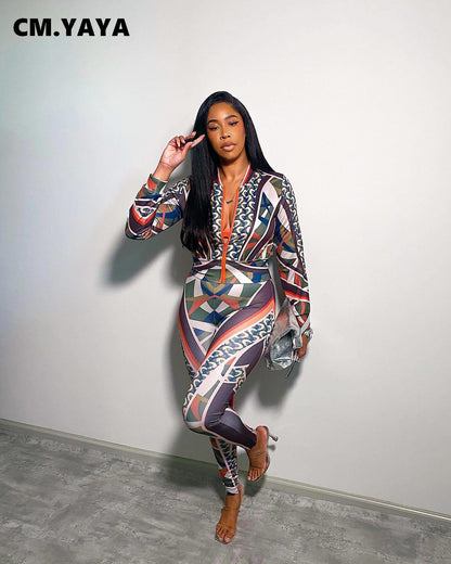 CM.YAYA Fashion 3D Printed Women Two 2 Piece Set Outfits Vintage Track Jacket and Legging Pants Suit INS Tracksuit Sweatsuit