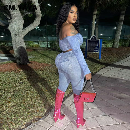 CM.YAYA Printed Women's Set Off Shoulder Tee Tops and Legging Pants Suit 2023 INS Fitness Two 2 Piece Set Outfit Tracksuits