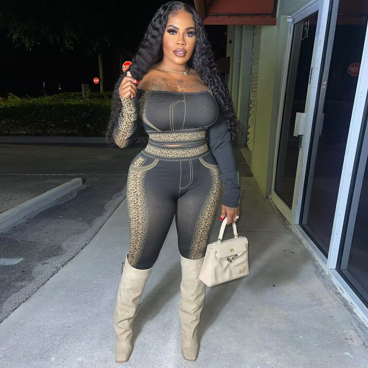CM.YAYA Printed Women's Set Off Shoulder Tee Tops and Legging Pants Suit 2023 INS Fitness Two 2 Piece Set Outfit Tracksuits